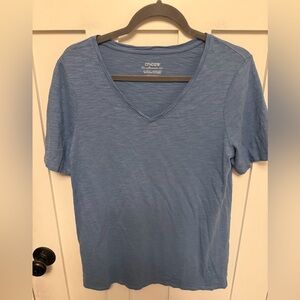 Chico's Blue The Ultimate Tee V-Neck Short Sleeve Space Dye Top Woman Sz Medium